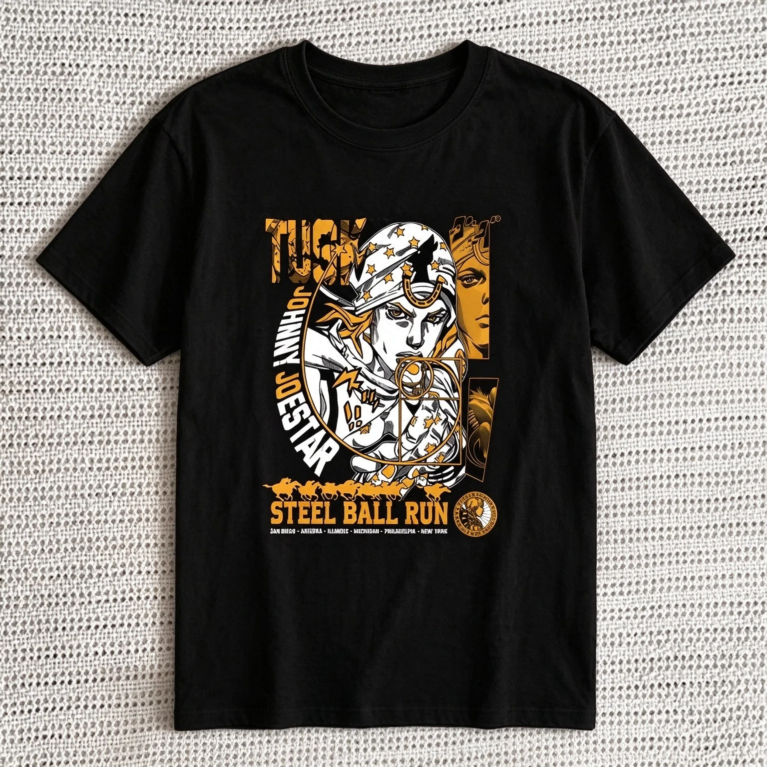 2026 Jojo Bizarre Adventure  Vintage Western Rider Comic Poster Graphic Short Sleeve T-shirt Anime Street Loose Crew Neck Top