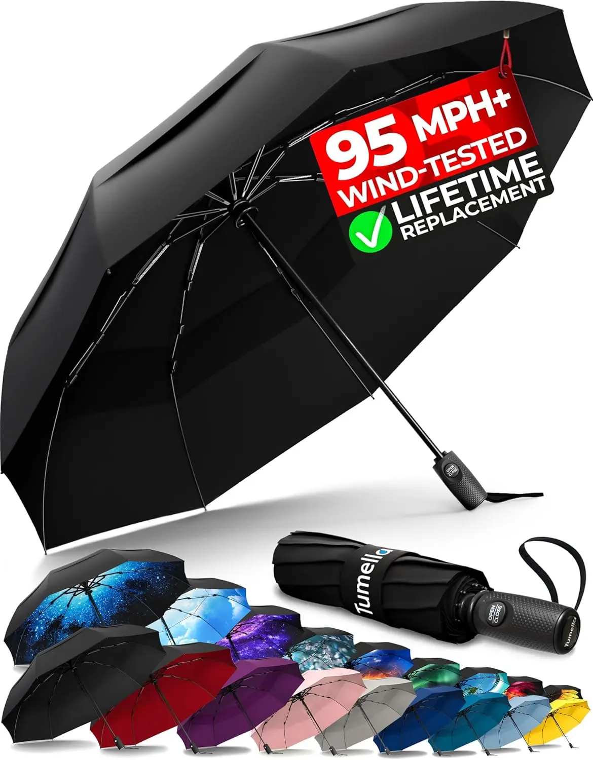 

TUMELLA Strongest Windproof Travel Umbrella (Compact, Superior & Beautiful), Small, Wind-Tested, Light & Portable, Automatic Folding Rain Umbrella, Durable Premium Grip, Fits Car and Backpack