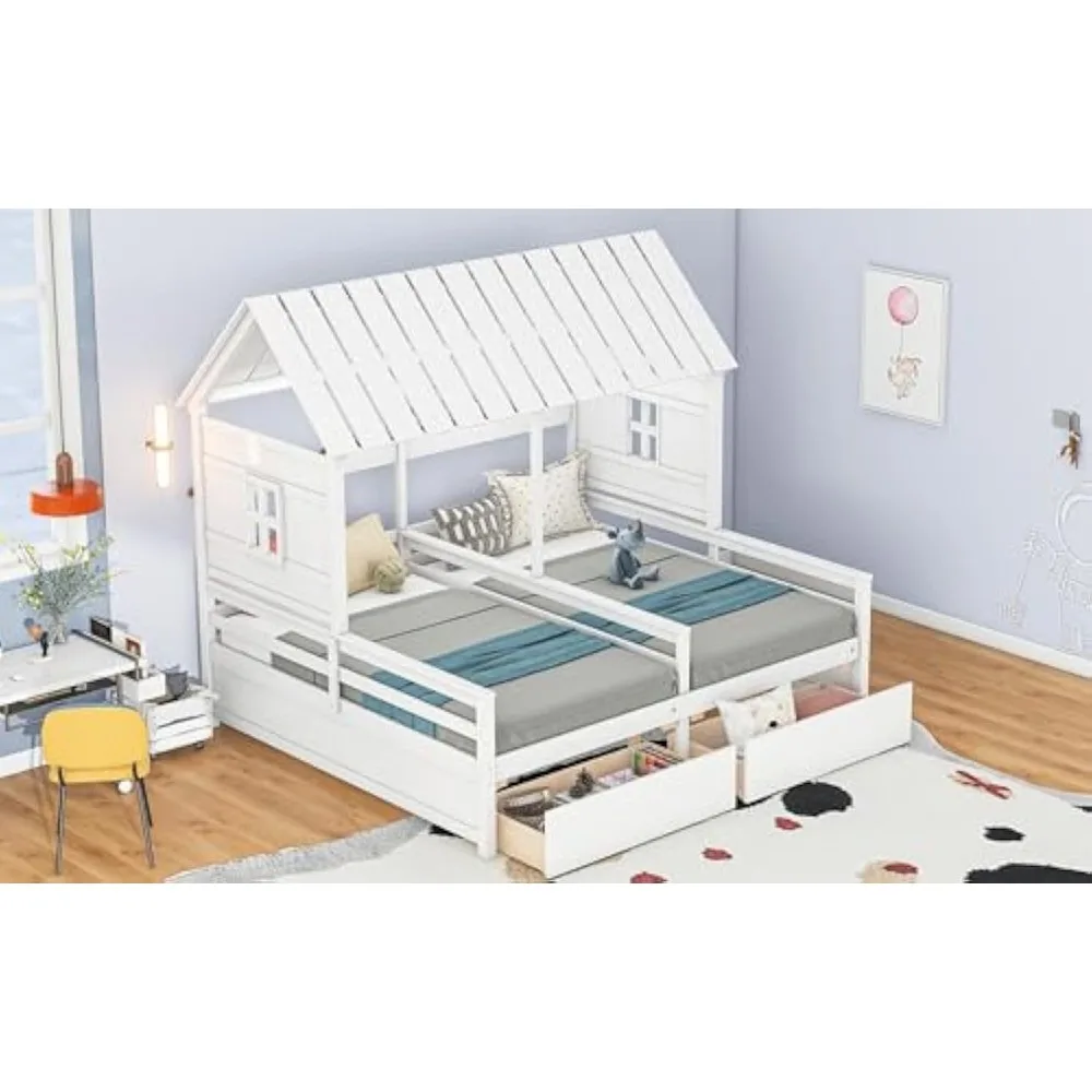 Twin Size House Platform Beds with Two Drawers for Boy and Girl Shared Beds, Combination of 2 Side by Side Twin Size Beds