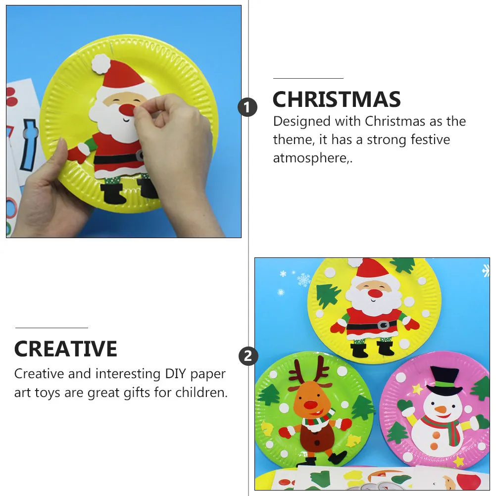 6Pcs Paper Plate Sticker Material Kit for Kids DIY Hand Painting Christmas Craft Activity Creative Bright Cartoon Design Easy to