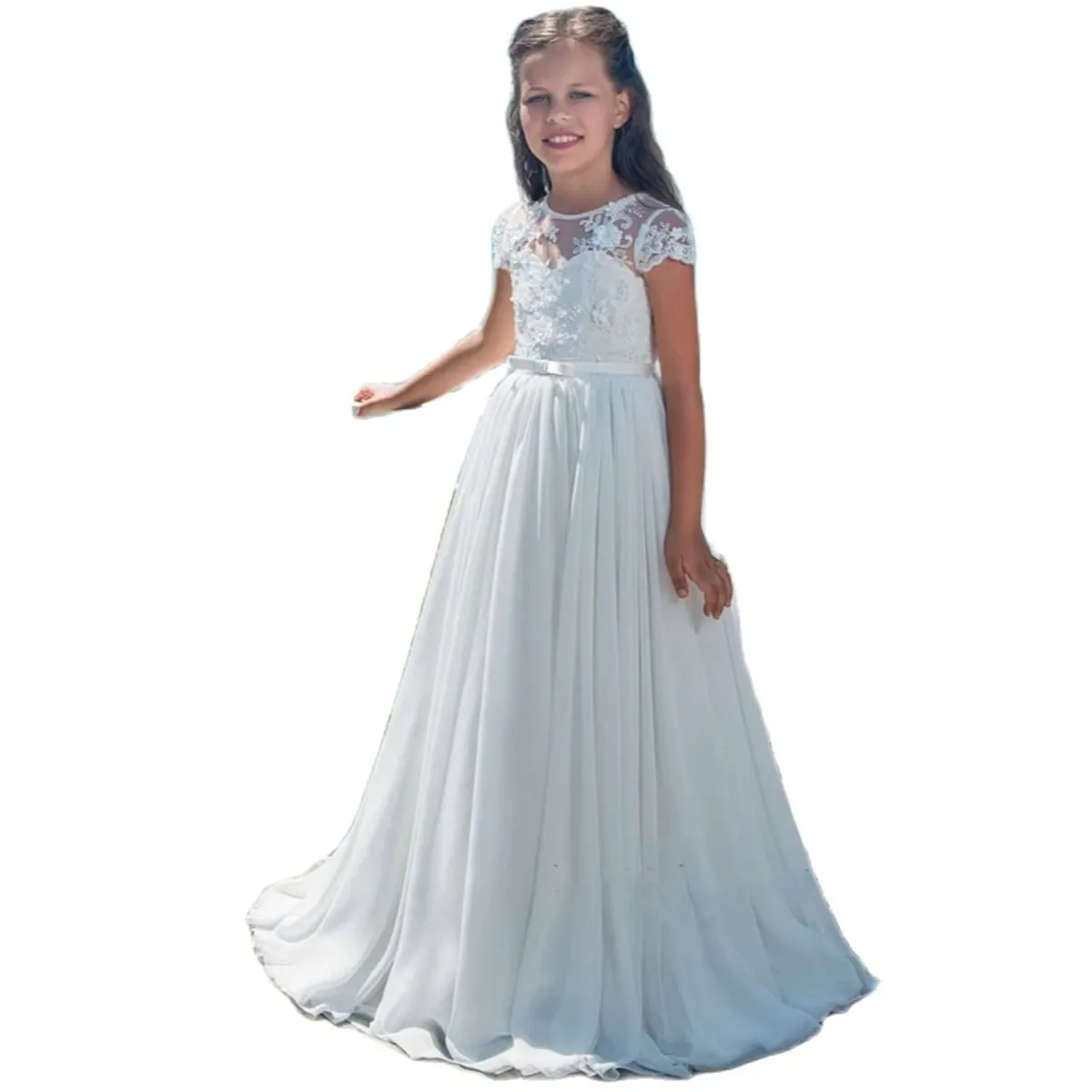 White Chiffon Lace Princess Flower Girl Dresses With Bow Beaded Crystal Up Applique Ball Gown First Communion Dress For Kids