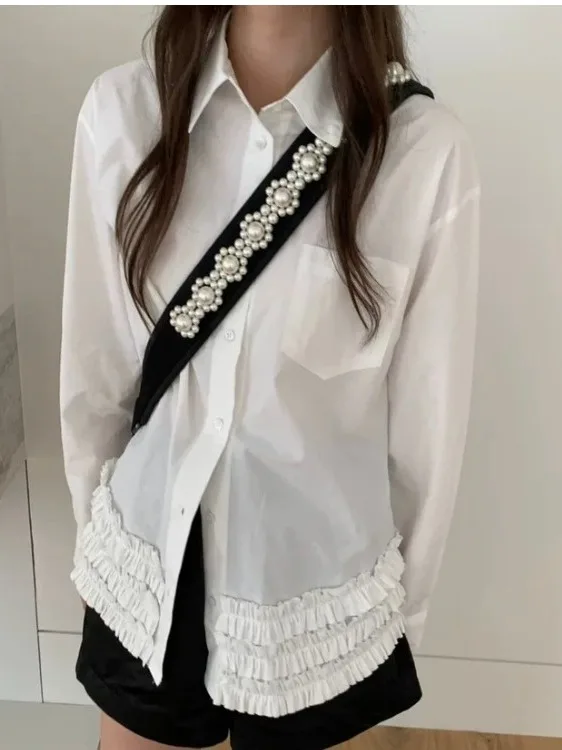 

Ele White irt for Women with Flounce Design Korean Sle Loose Fit Slimming Long Sve Faionable All Seasons