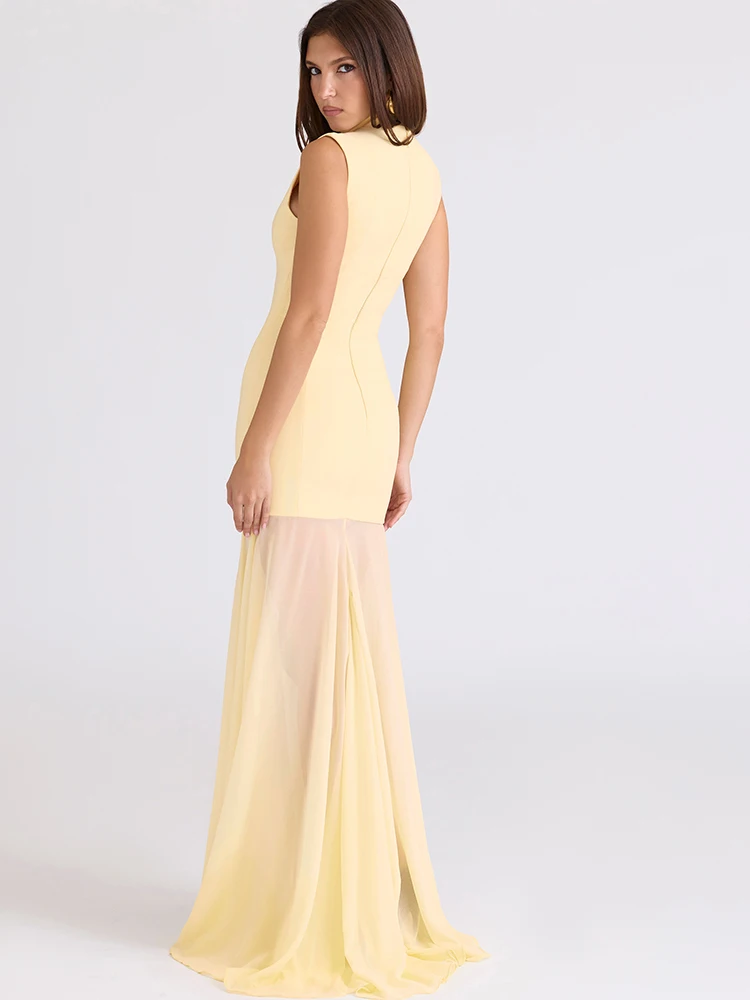 JULISSA MO Turtleneck Patchwork Sexy Hollow Out Mesh Women Maxi Dress Autumn Sleeveless See Through Elegant Party Evening Dress