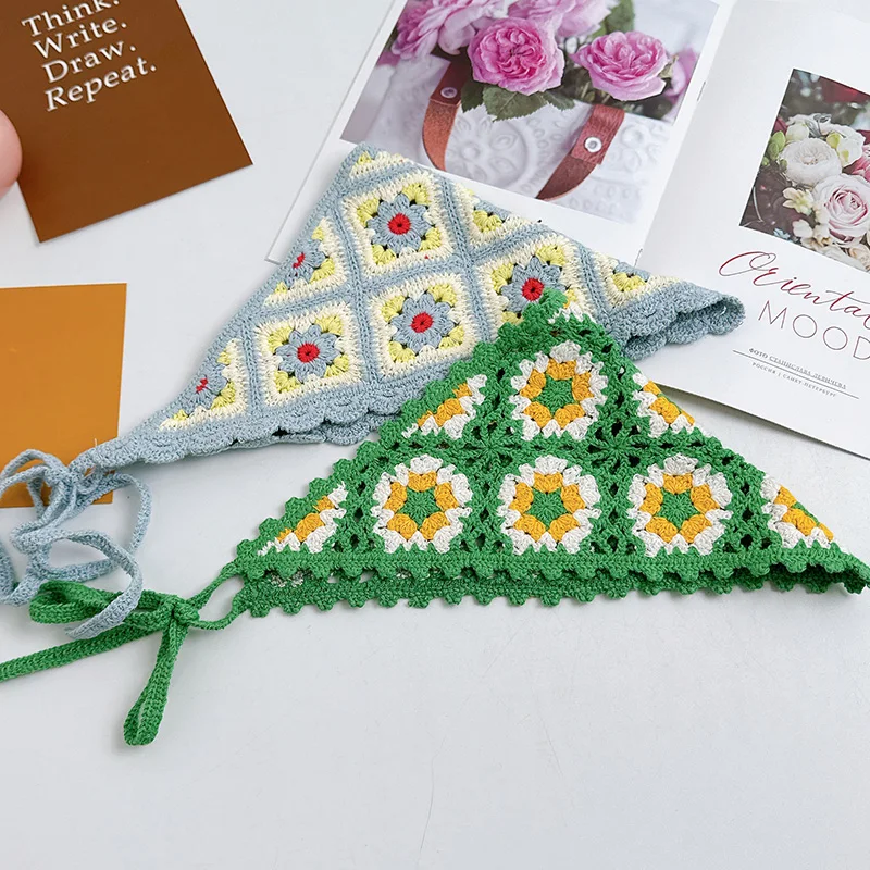 New French Retro Knitted Handmade Triangular Hair Scarf for Women Spring Summer Travel Photo Versatile Sweet Strap Headscarf Hat