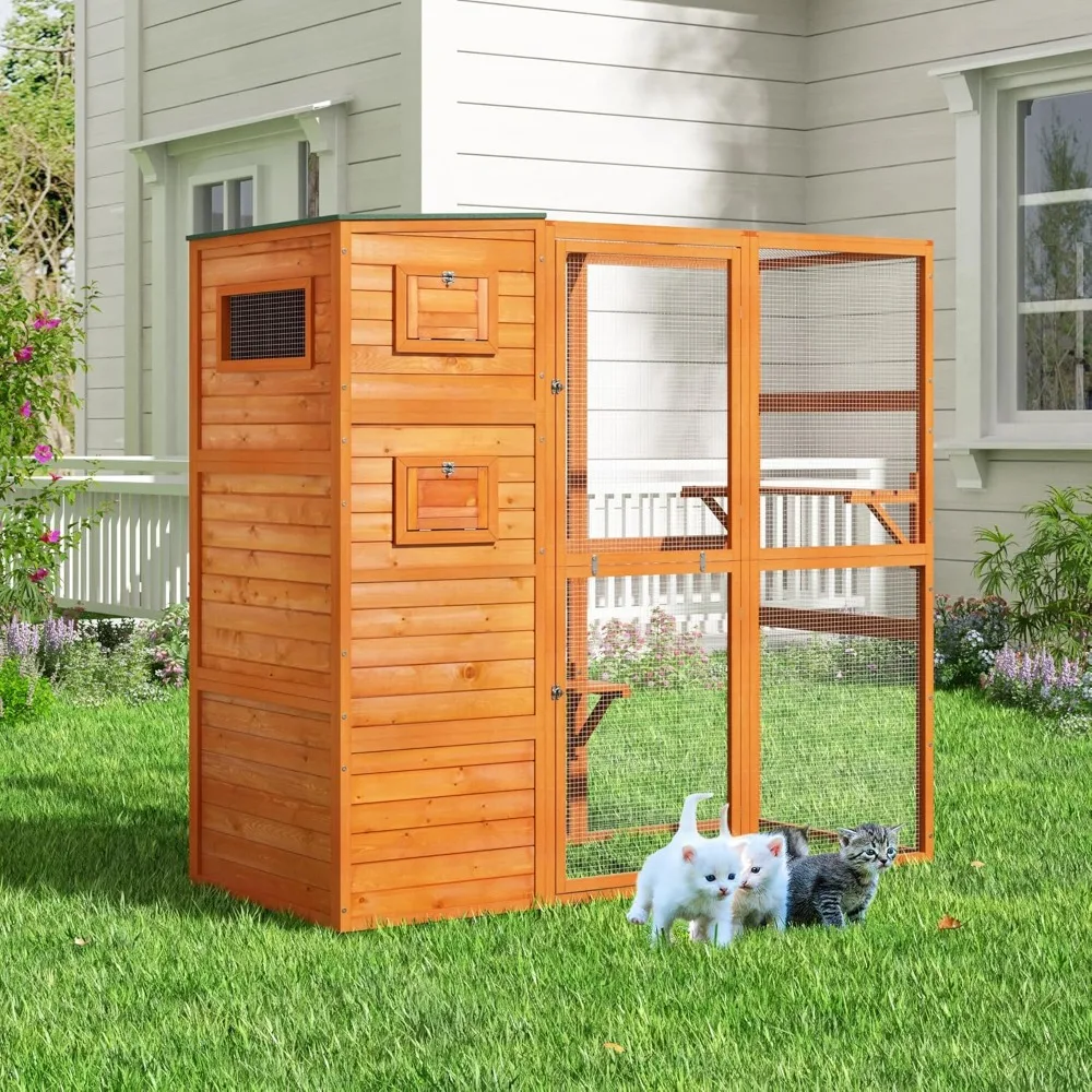 Large Wood Cat Catio, Outdoor Cat Enclosure with Weatherproof Roof, 2 Resting Rooms, 2 Platforms, 4-Tier Cat Playpen, Orange