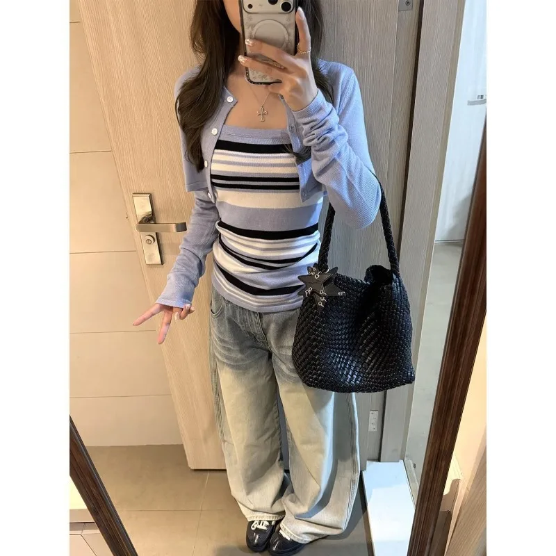 Blue Knitted Suits Women 2026 New Short Sweater Cardigan Striped Strapless Vest Fashion Y2k Aesthetic Two Piece Sets view 5