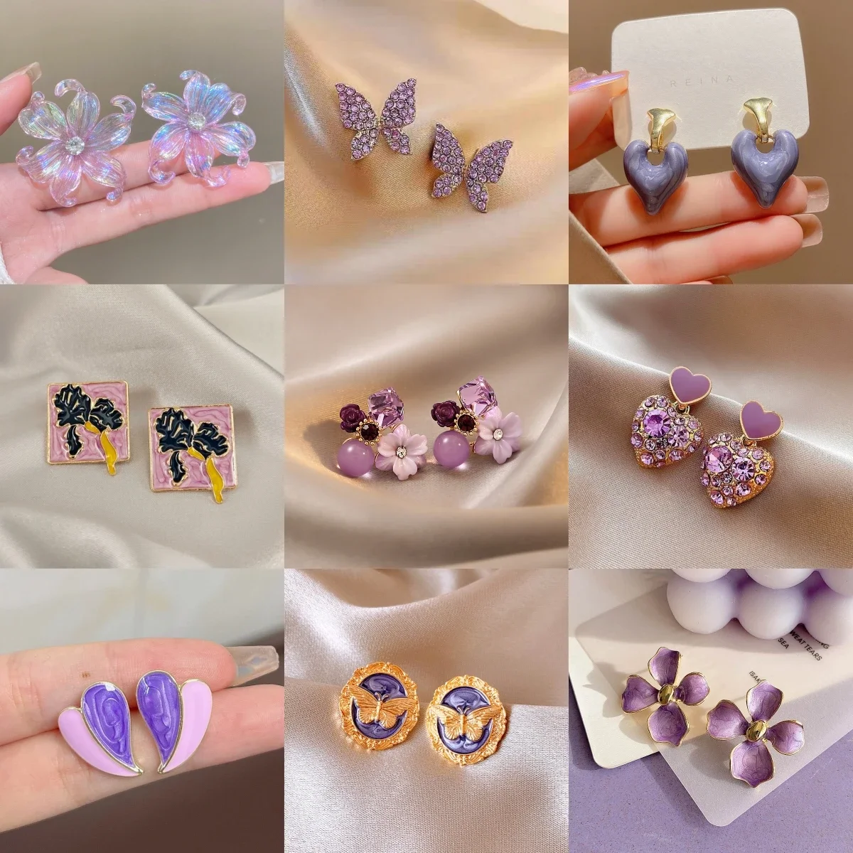 Purple Color Geometry Heart Flower Square Butterfly Bear Coral Cup  Water Drop Earring for Women Enamel Jewelry Christmas Gift