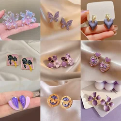Purple Color Geometry Heart Flower Square Butterfly Bear Coral Cup Water Drop Earring for Women Enamel Jewelry Christmas Gift