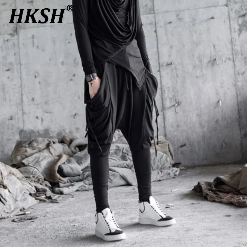 

HKSH Spring Summer New Men's Tide Dark China-Chic Harem Pants Elastic Loose Tapered High Street Stage Casual Cross-pants HK0764