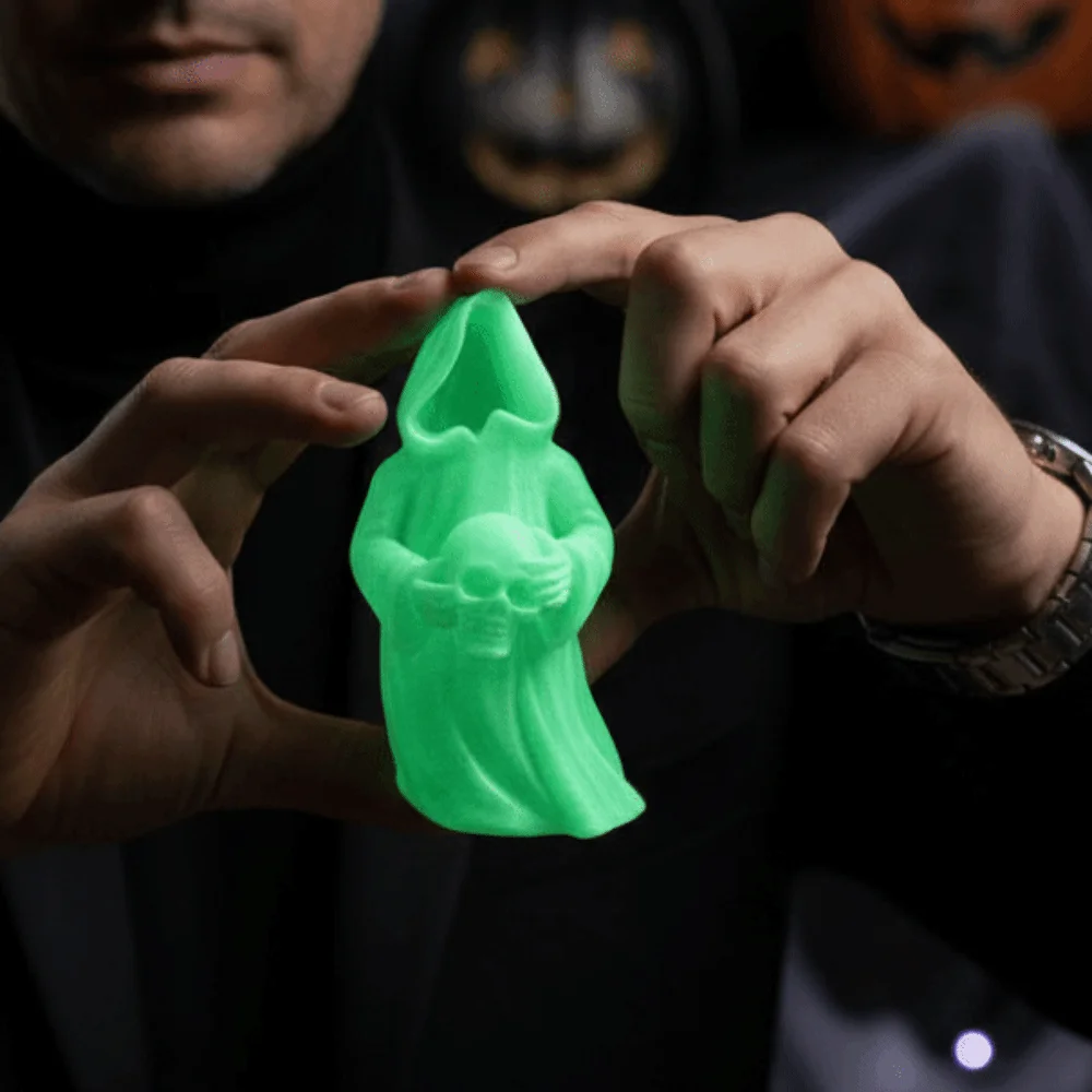 3D Printed Luminous Ghost Statue Luminous Green Miniature Size Glow Grim Reaper Fine Details Matt Finish