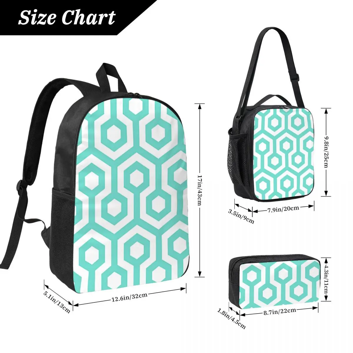 

Geometric Pattern Looped Hexagons Blue Backpack BookBag School Bag Laptop Shoulder Bags 3ps Insulated Lunch Bag Pencil Case