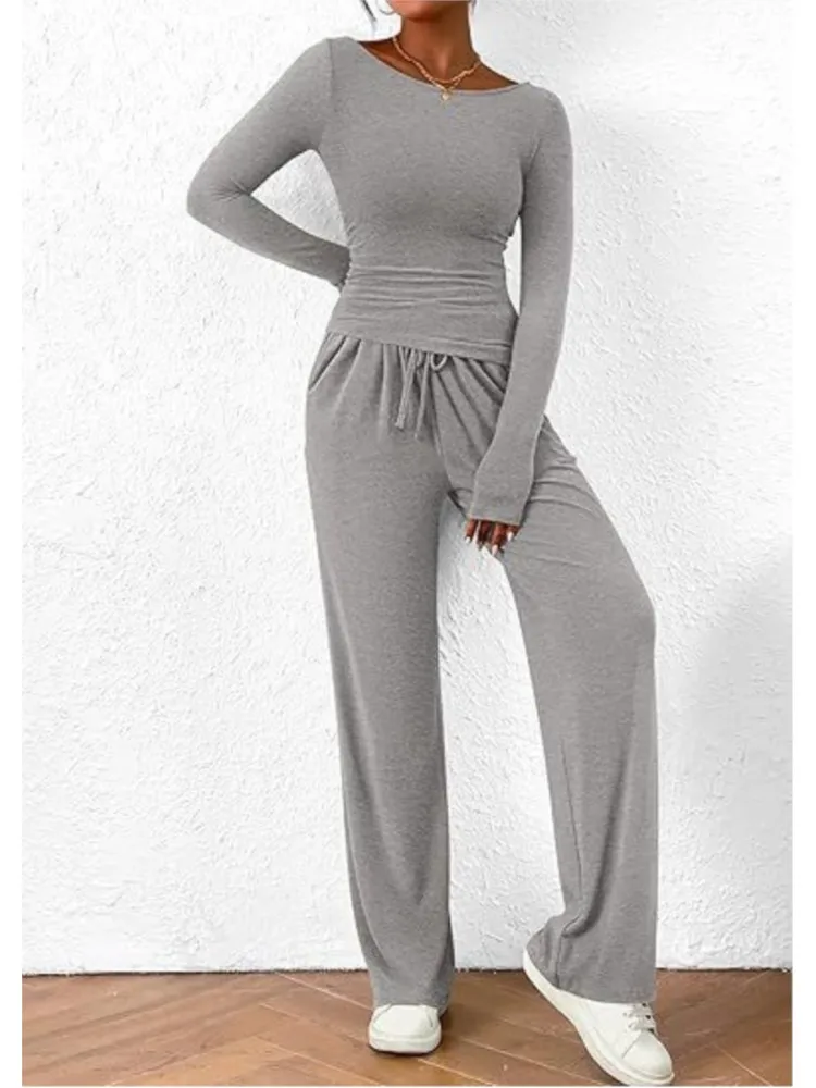 2024 Autumn Women\'s New Casual Set Fashion Asymmetric Long Sleeve T-shirt Wide Leg Pants Casual Wear Sportswear Women