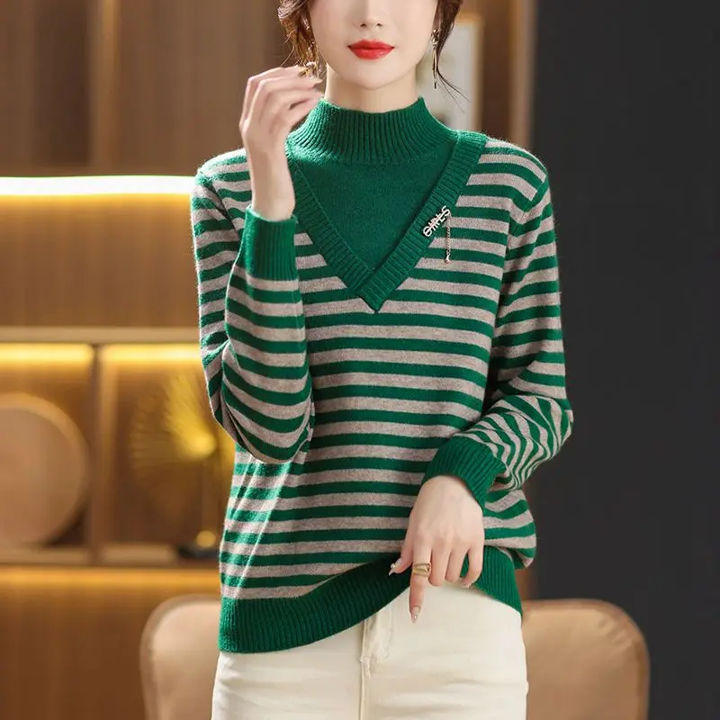 Women Autumn and Winter Trendy New Casual Half High Collar Pullover Knitted Striped ContrastSpliced Sweater Long Sleeve Tops