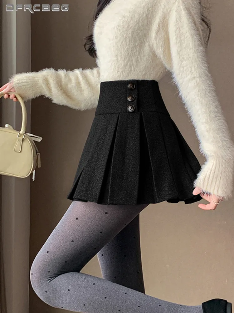 New Arrivals Vintage Winter Woolen Pleated Skirt Woman High Waist Casual Thicken Hot Sweet Jk Short Skirts Lady