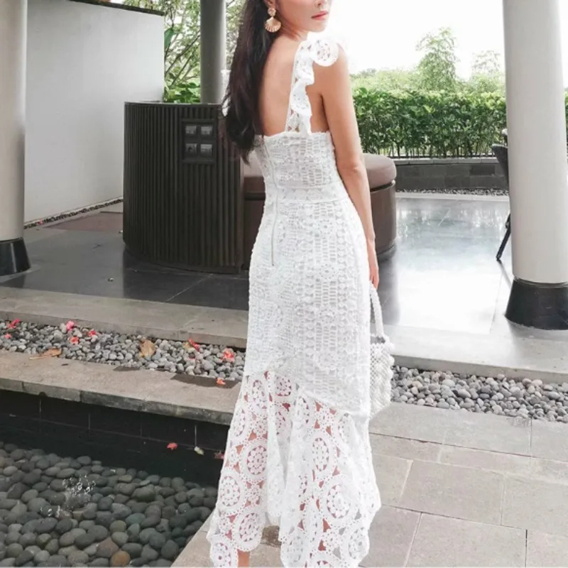 White Elegant Women Dress Summer Vacation Slash Neck Flora Embroidery Womens Clothing Runway Design Bodycon