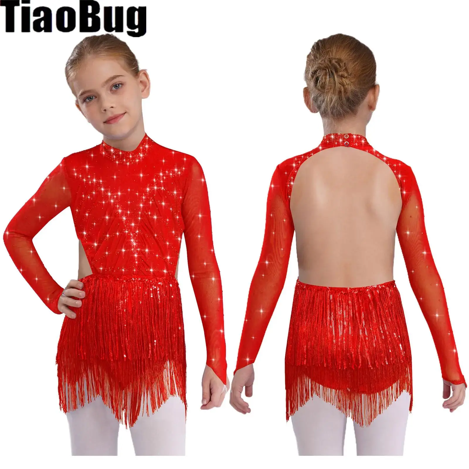 

Kids Girls Tassels Latin Dance Leotard Sequins Leotard Mock Neck Long Sleeve Backless Shiny Rhinestones Bodysuit for Performance