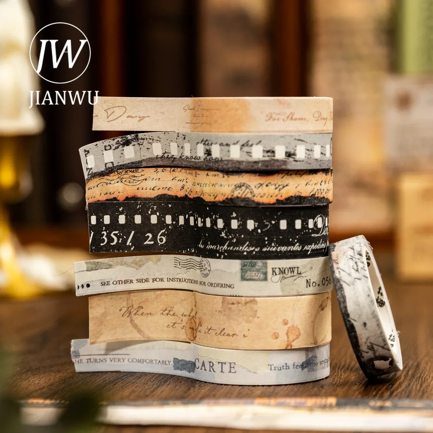 JIANWU 4 Rolls Former Book Pavilion Series Vintage Material Collage Landscaping Tape Set Creative DIY Journal Stationery