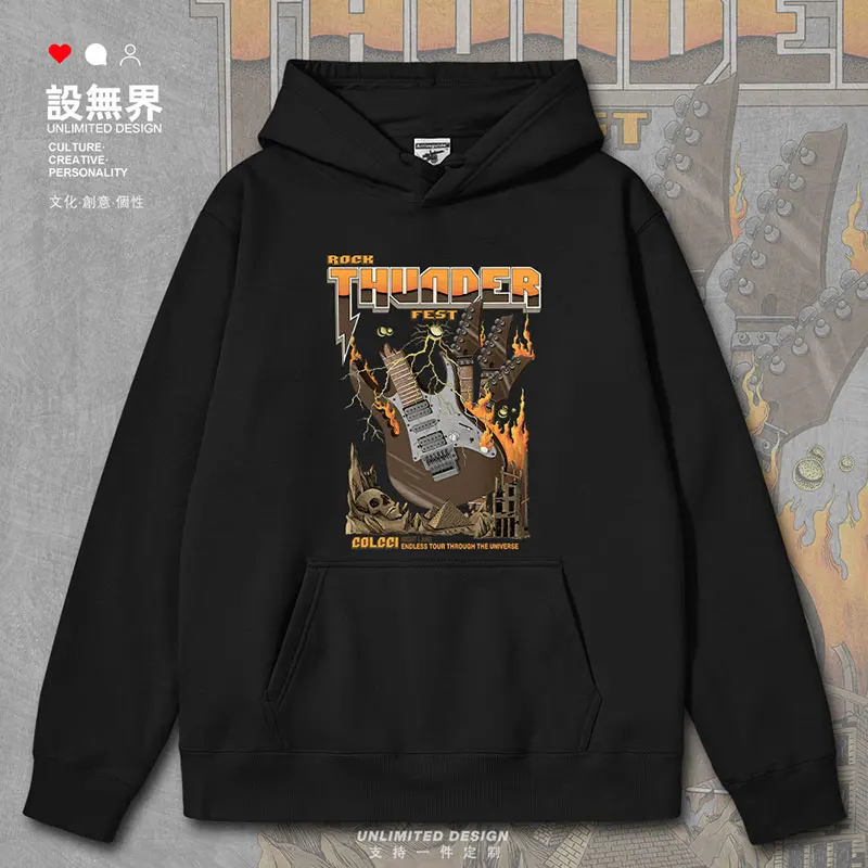 

Rock style lightning flame electric guitar skull retro mens hoodies clothing streetwear pullovers sports clothes autumn winter