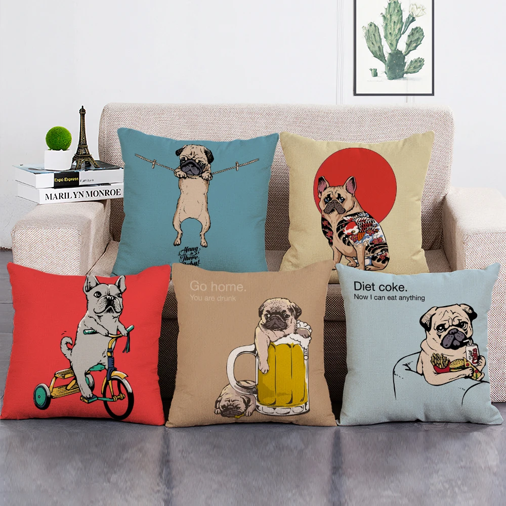 

Pug Dog Cushion Cover Cute Pug Throw Pillow Cover Animal Pillow Cover Sofa Decoratove Linen Pillow Case Custom
