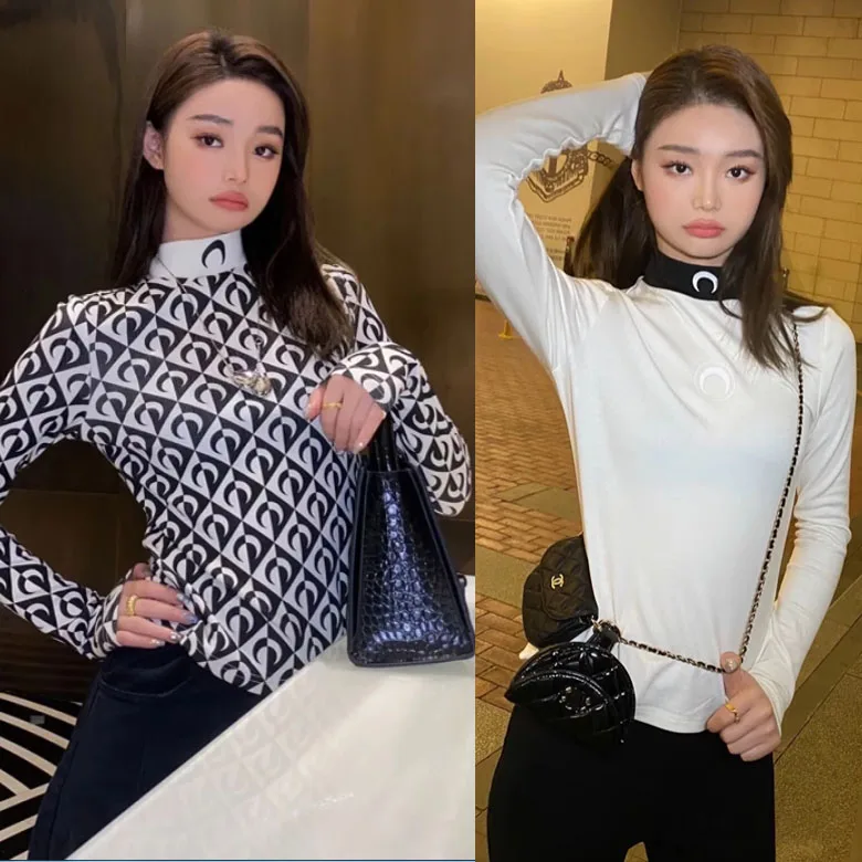 

Футболка с принтом луны, приталенная, с длинным рукавом, высоким воротником и вышивкой, базовая модель для повседневной носки, весенний сезон, женская мода