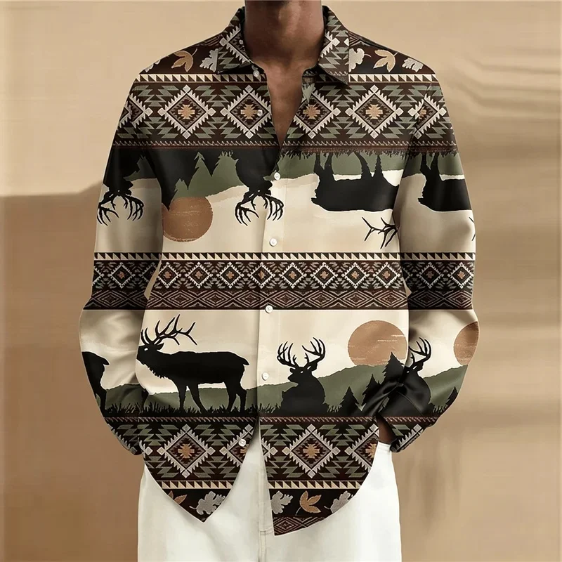 Men's Western Print Long Sleeve Shirt, Aztec Tribal Geometric & Forest Landscape, Casual Button Down for Spring