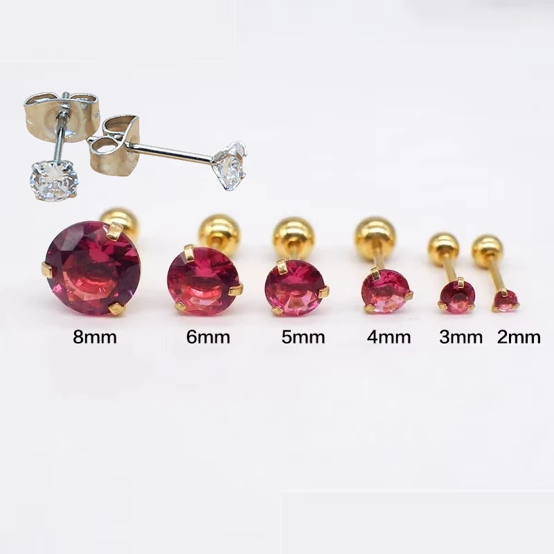 Minimalist  Hypoallergenic Round Hot Pink Glass 20G Rotating Sleep Stud Earrings Stainless Steel For Women Gift