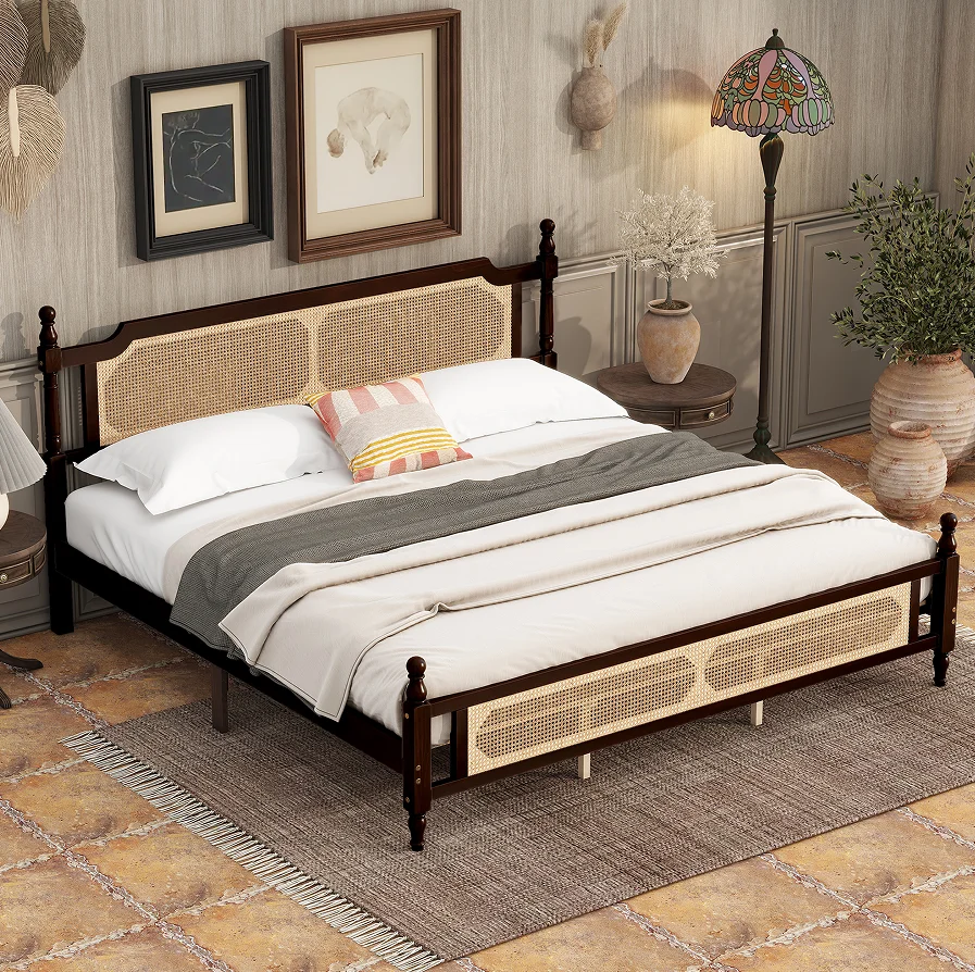 #King Pine Wooden Bed With Rattan Headboard And Footboard, With Central Enhanced Bed Platform