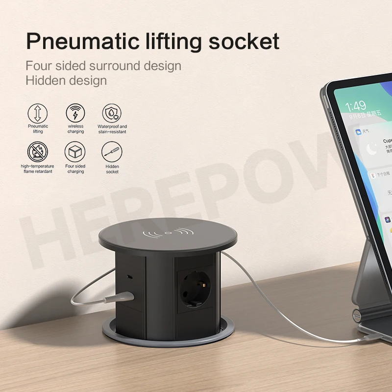 HerePow Desktop Socket 15W Wireless Charging, Type-C Multi-Functional Embedded EU, US, UK, Thai, Brazilian and Israel Standards