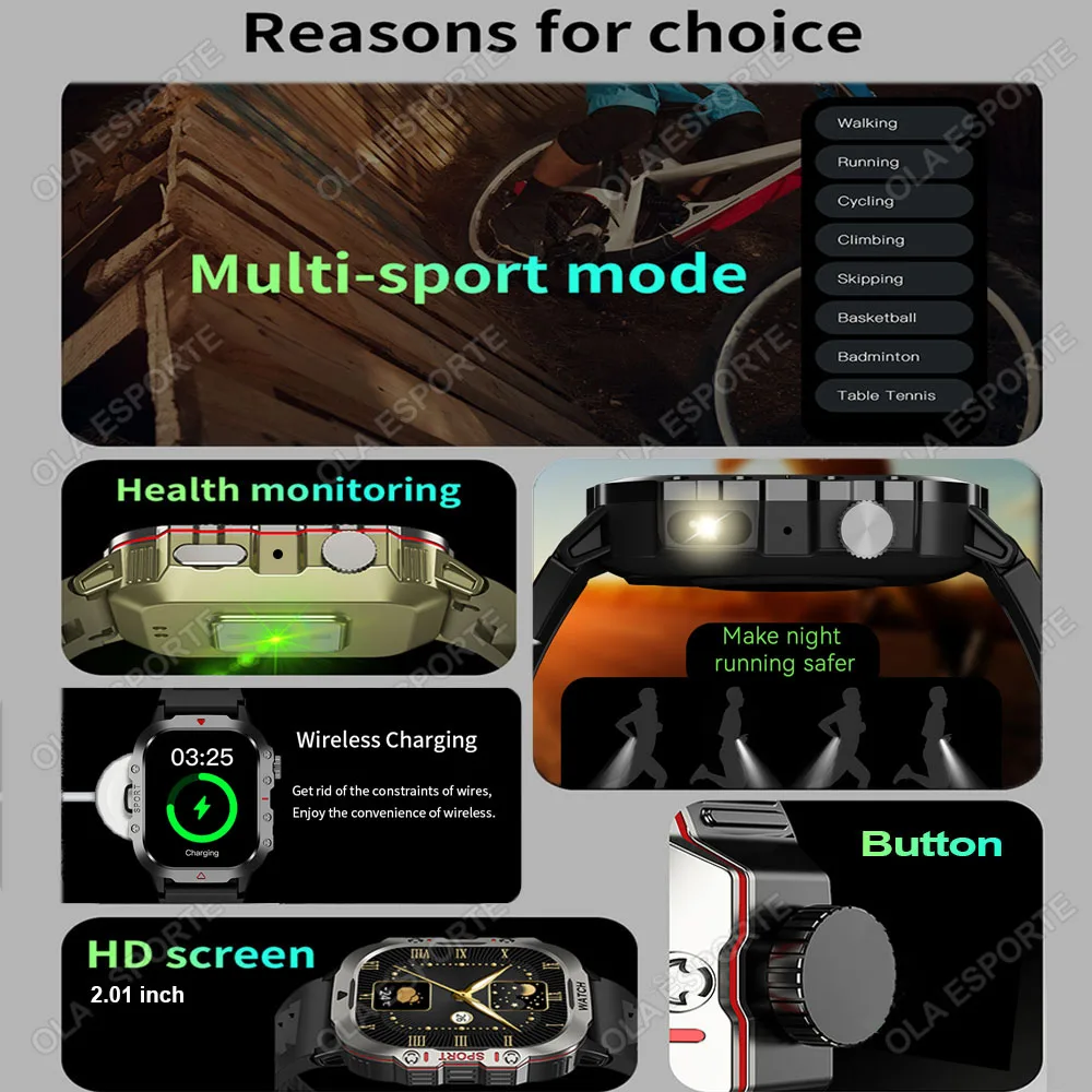 2025 Rugged Military Smart Watch Men's Watch 2.01Inch HD Touch Screen Voice Bluetooth Call LED Flashlight Outdoor Smartwatch Man