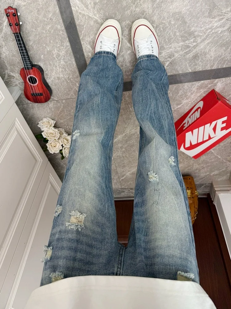 

Мужские джинсы слим-фит прямого кроя с высокой талией, рваные, слегка расклешенные, в американском стиле, с принтом Thunder, для повседневной носки осенью