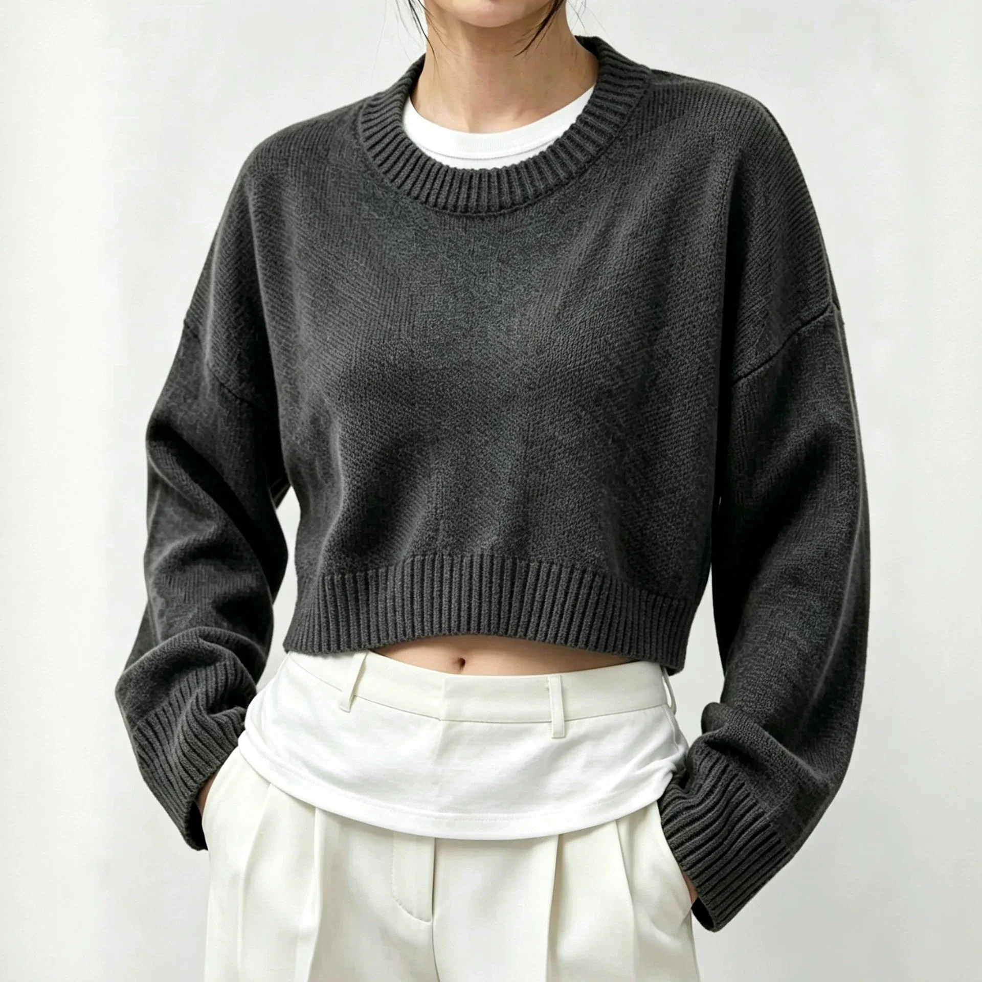 Knit Short Pullovers Women Sweaters Round Neck Autumn Winter Y2k Streetwear Work Long Sleeve Loose Jumpers Elegant Solid 2026