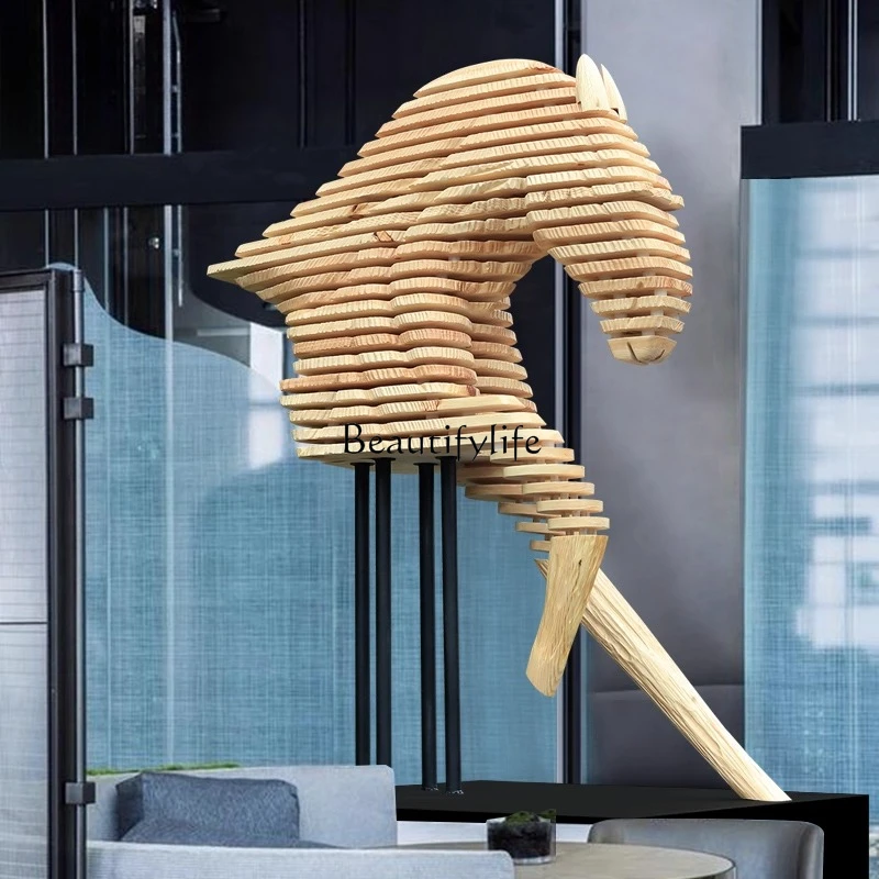 Large Abstract Wooden Horse Sculpture Ornament Hotel Lobby Floor Decoration Artwork