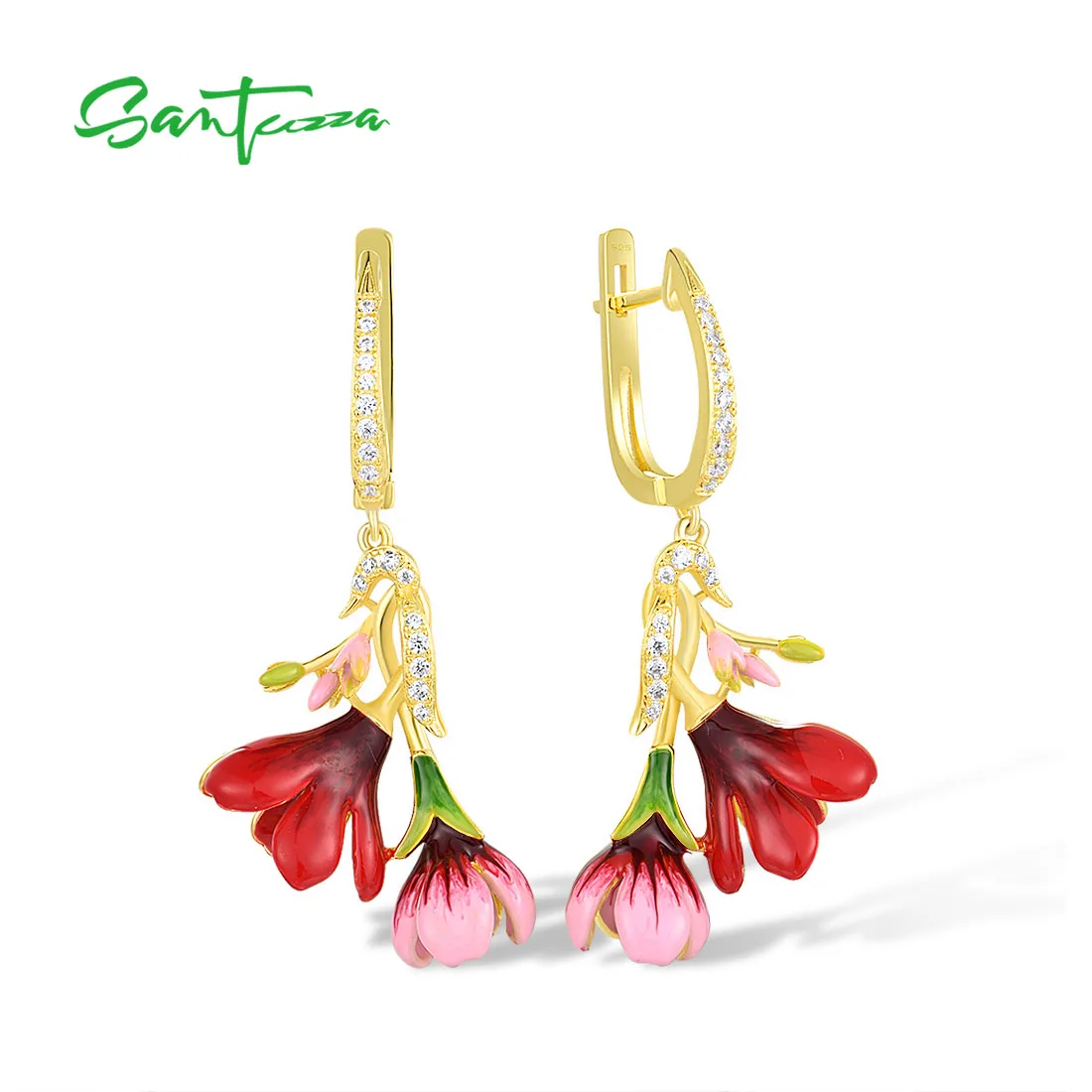 

SANTUZZA 925 Sterling Silver Dangling Earrings For Women Sparkling White Cubic Zirconia Red Flower Fine Chic Jewelry Enamel