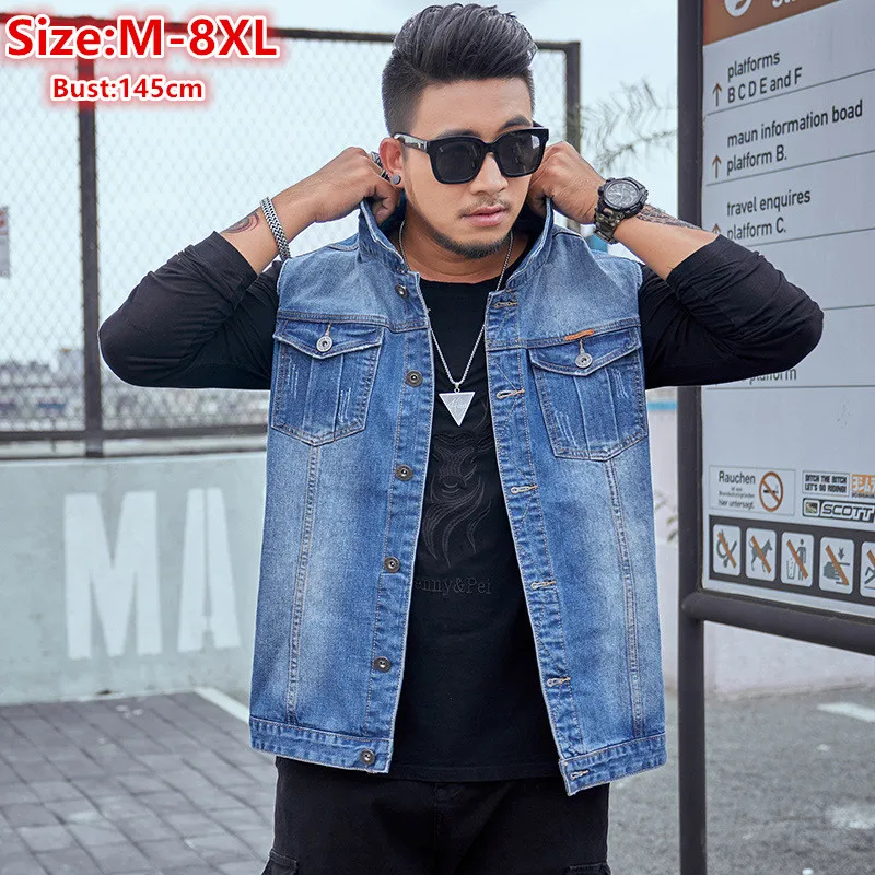 

Plus Size 8XL 7XL Men Denim Vest Cowboy Cool Sleeveless 6XL Slim Fit Blue Jeans Boys Motorcycle Waistcoat Big Jacket Outwear