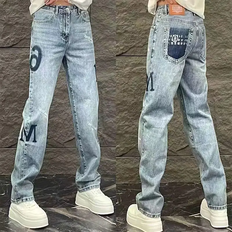 

Spring and Autumn Wide Leg Jeans Men's All-match Fashion Printed Casual Pants Stretch Trendy Blue Straight Pants