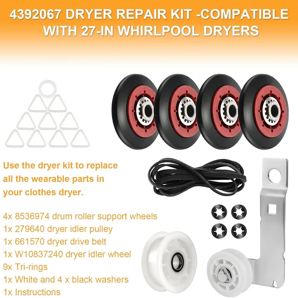 4392067 Dryer Repair Kit and W10837240 Dryer Idler Pulley for Maytag Bravos Whirlpool Duet Kenmore Elite Dryers