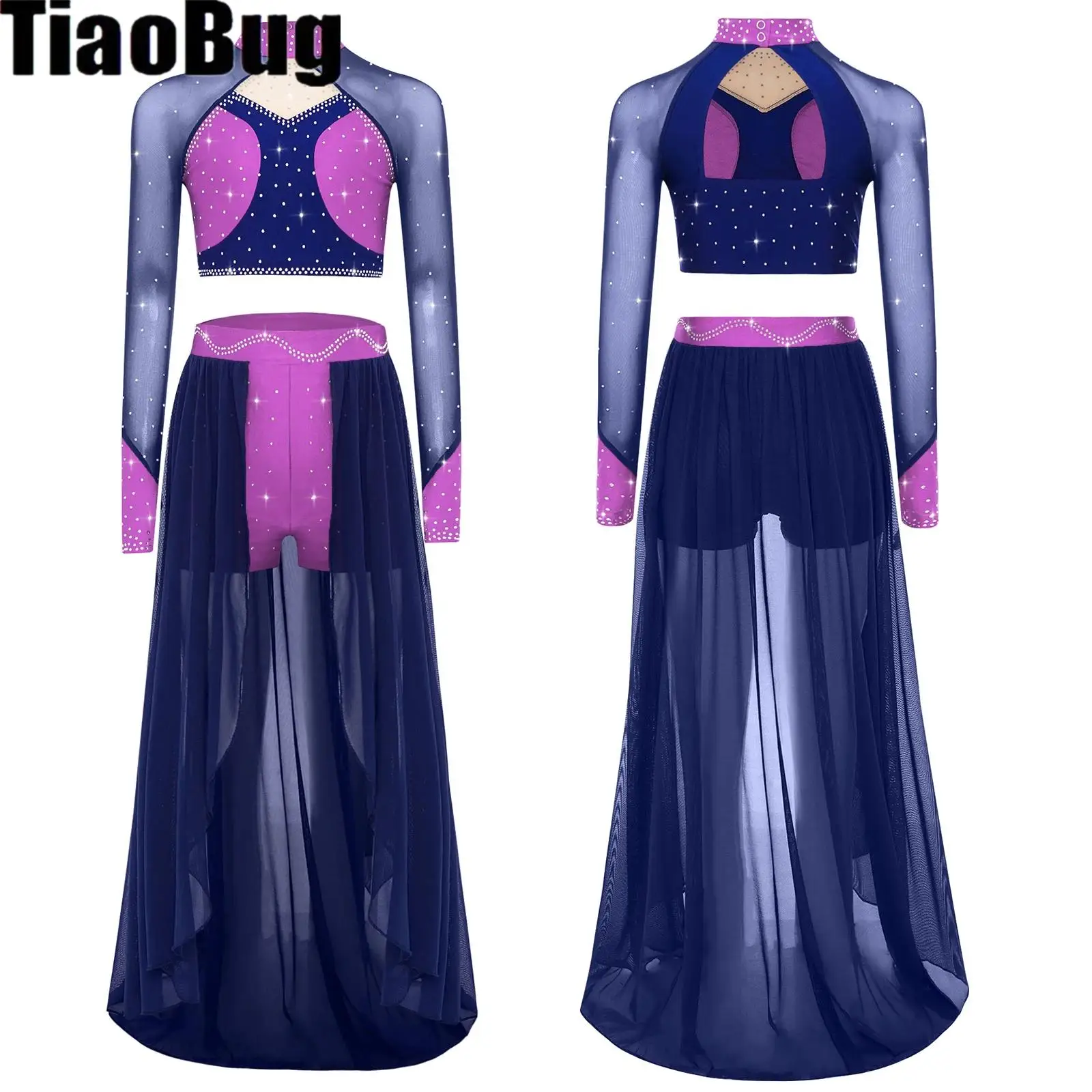 

Girls Modern Lyrical Dance Set Mock Neck Long Sleeve Sheer Mesh Rhinestone Crop Top with Skirt Recitals Skating Ballet Dancewear