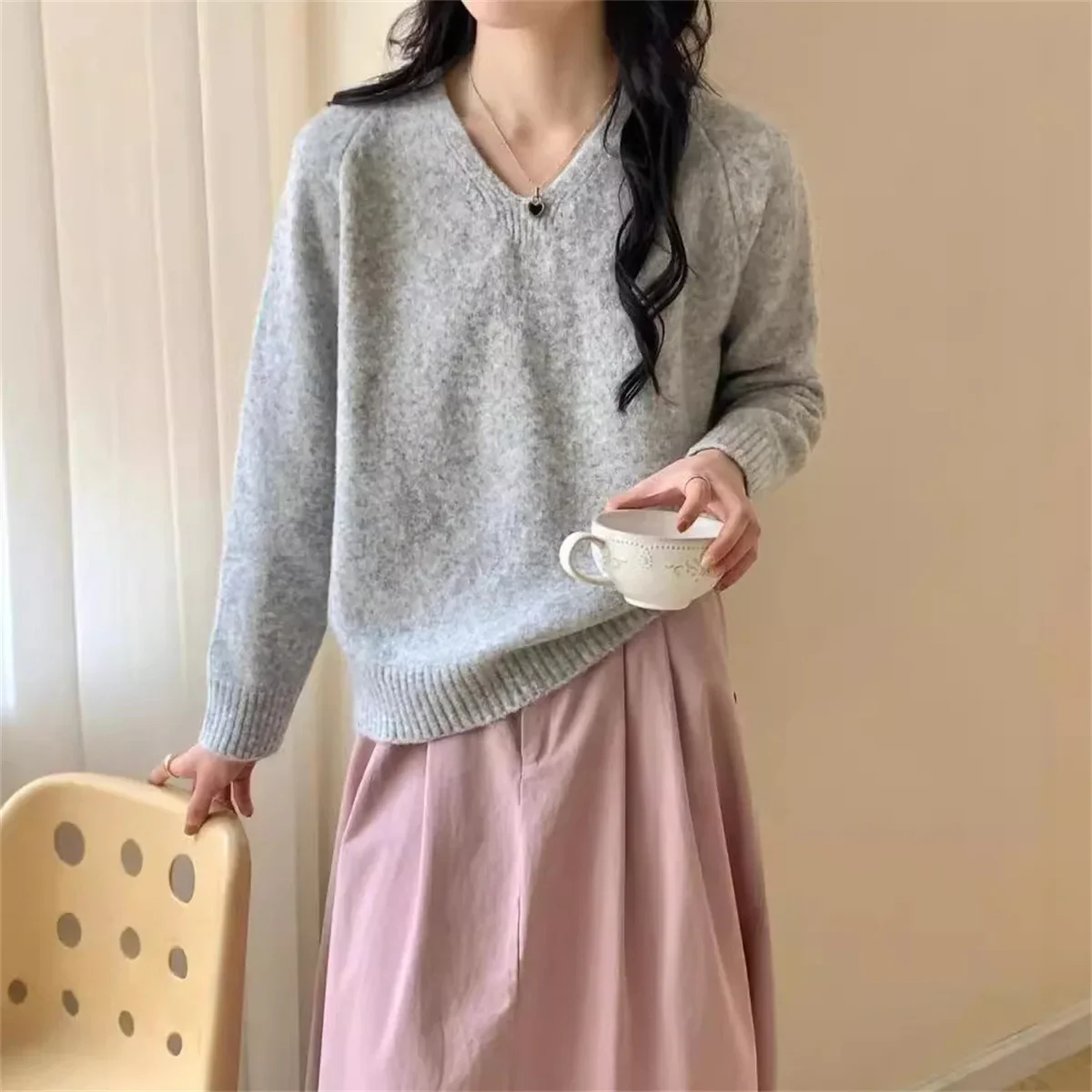 

Women Pullovers Knitted Jumpers Solid Long Sleeve V Neck High Street Sweater Loose Fit Autumn Sweaters 2024 Slight Strech