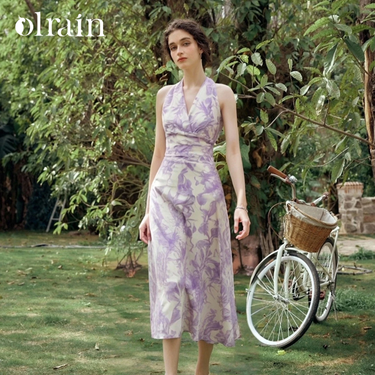 

OLrain French Romantic Floral Dresses Woman 2025 Summer Purple Printed Elegant V-neck Sleeveless Long Dress Ladies O57XL99106