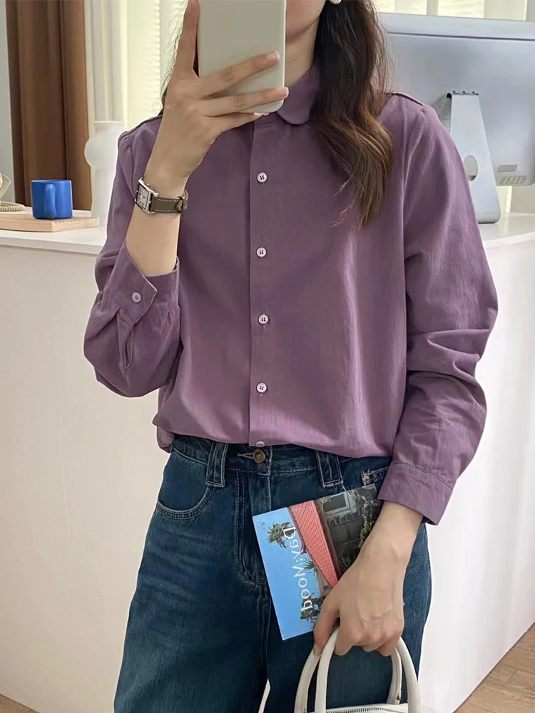 

Autumn Winter New Sle Korean Simple Elely Versatile Loose Color Pure Cotton Long Sve Casual irt Women's Top