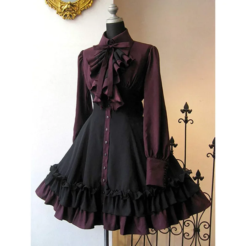 Medievale retrò gotico Lolita nero gotico donna abiti Lolita colletto con fiocco pieghettato Lace Up Goth Vintage Chic Jurken Dress