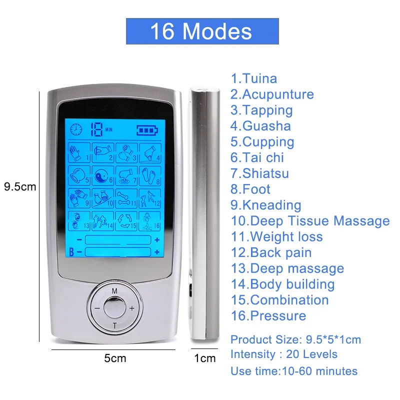 TENS Machine EMS Muscle Stimulator Dual Channel 16 Modes USB Rechargeable Electronic Pulse Massager for Full Body Pain Relief