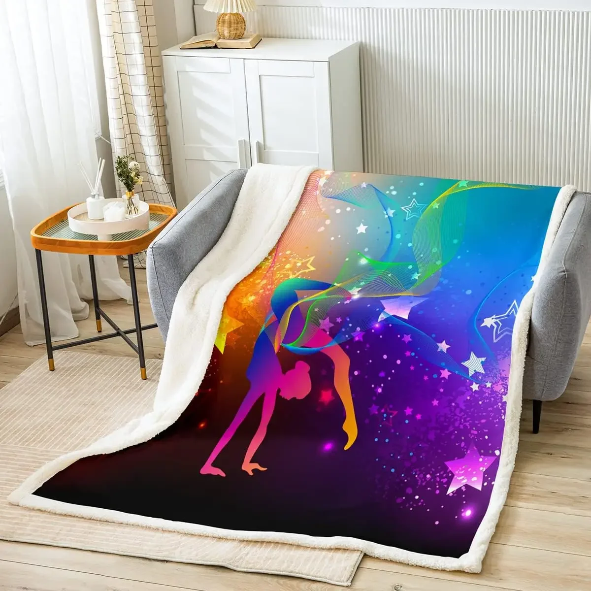 Gymnastics Throw Blanket Modern Art Sports Blanket for Couch Sofa, Colorful Stars Print Bed Blanket for Kids Boys Girls