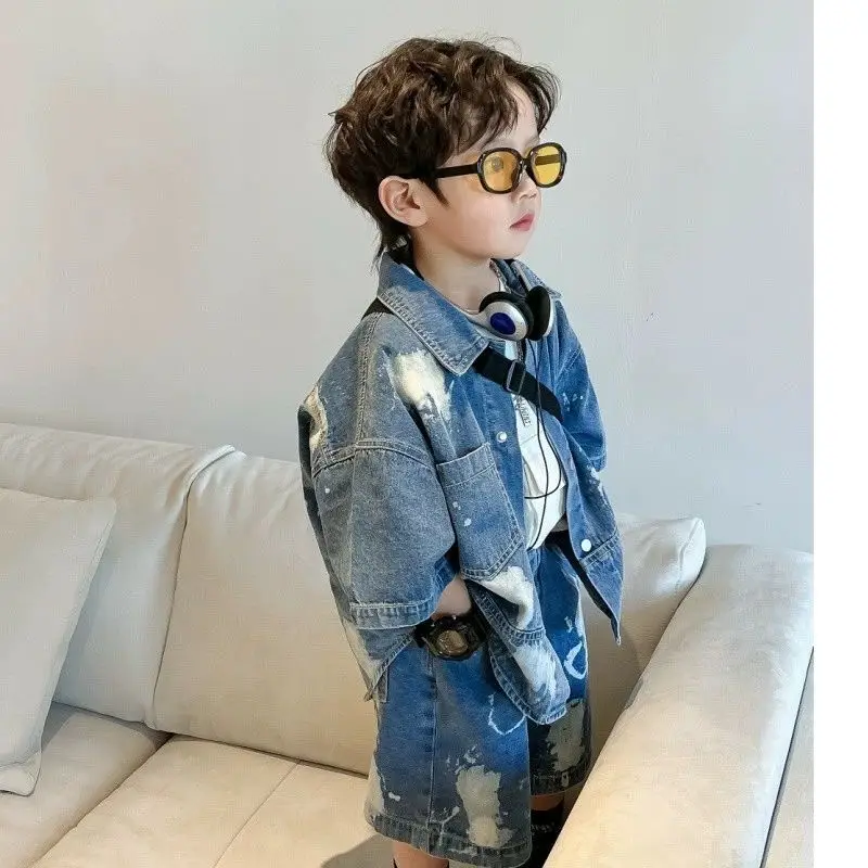 Boys'  Two-piece Set Korean StylePainted Denim Jacket Shorts Streetwear 2025 Summer New Short Sleeve Fashionable Coat Pants Suit
