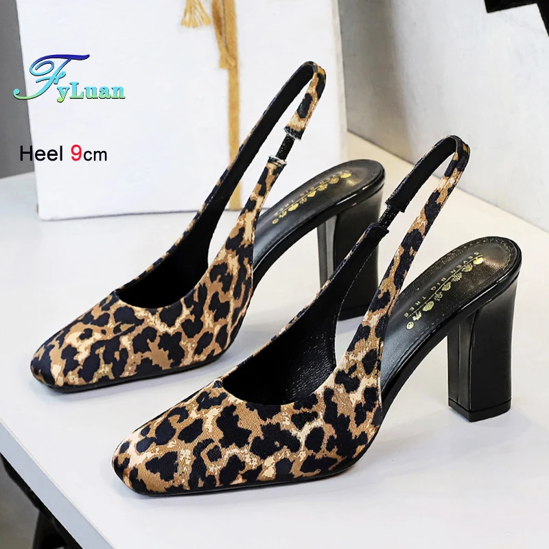 

Модные осенние туфли-лодочки с леопардовым принтом, женские офисные туфли на толстом высоком каблуке 9 см с квадратной головкой, пикантные офисные туфли с открытой пяткой на мелкой подошве для женщин