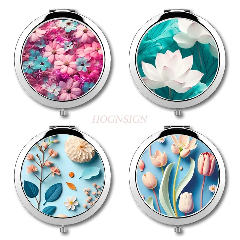 Espejo pequeño de tulipán, espejo de maquillaje plegable circular, espejo circular de doble cara, espejo pequeño portátil
