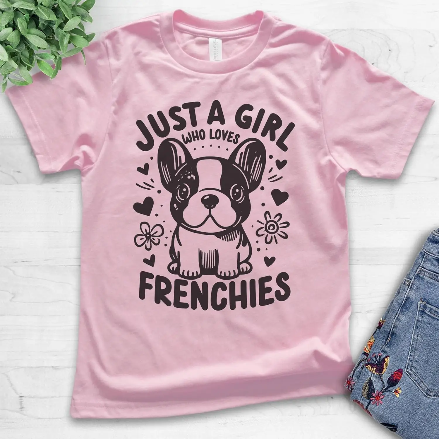 EVERTREE CLOTHING Kids Frenchie T-Shirt, Youth Girl T-Shirt, Just A Girl Who Loves Frenchies French Bulldog Gift