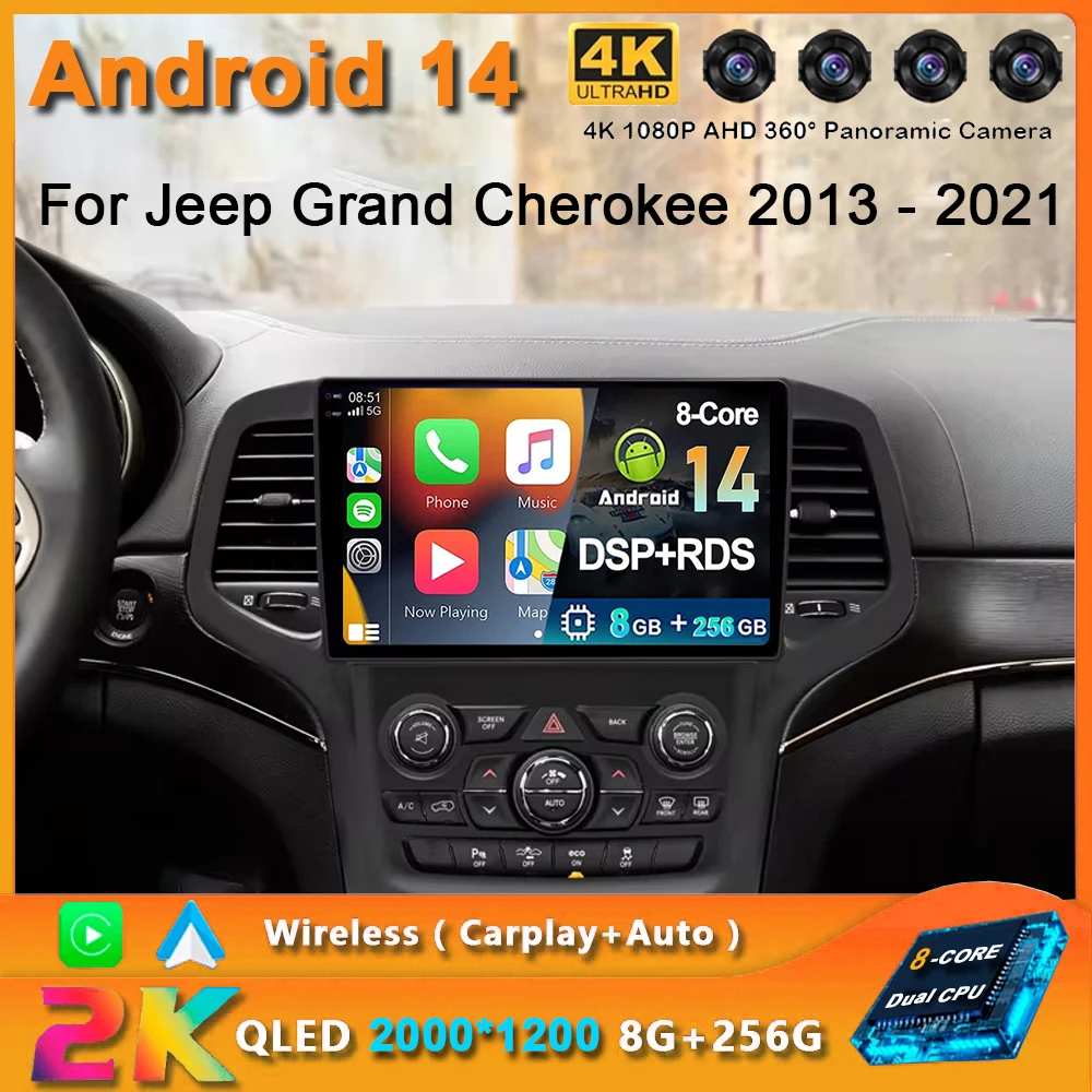 

For Jeep Grand Cherokee 2013 - 2021 2K QLED Android 14 Car Radio Multimedia Video Player GPS AI Voice CarPlay 4G Navigation