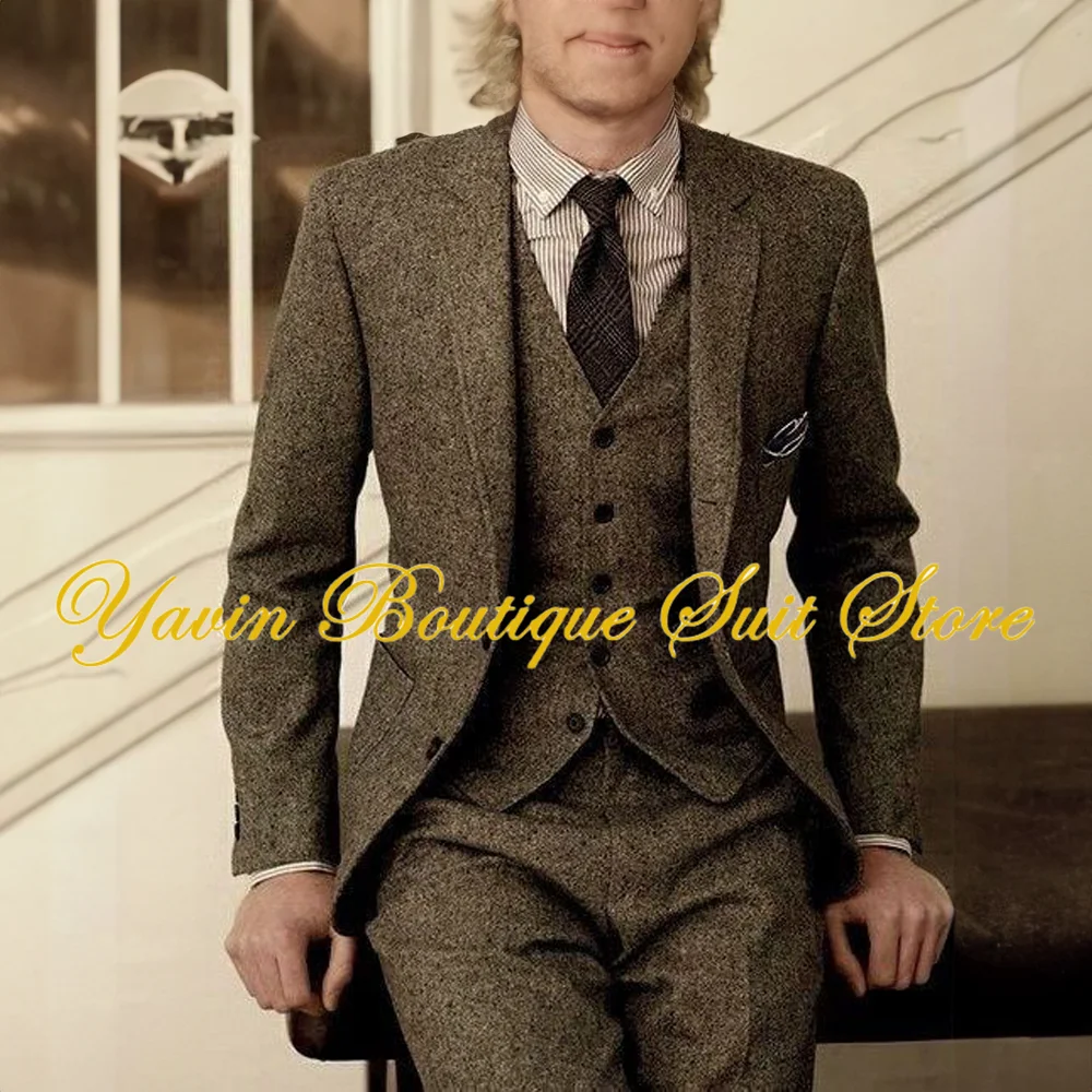 

Retro Herringbone Men's Suit Jacket Pants Vest 3-pieces Set Warm Business Slim Fit Men's Blazer Outfit