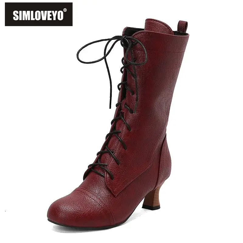 

SIMLOVEYO Женские сапоги до середины икры с круглым носком, странные туфли на каблуке 5,5 см, размеры на шнуровке от 47 до 50 винтажных повседневных ботинок на день